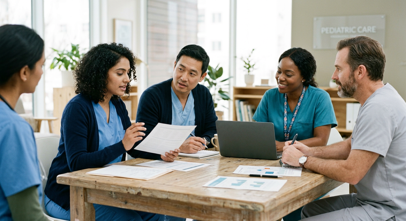A pediatric care team collaborating around a table