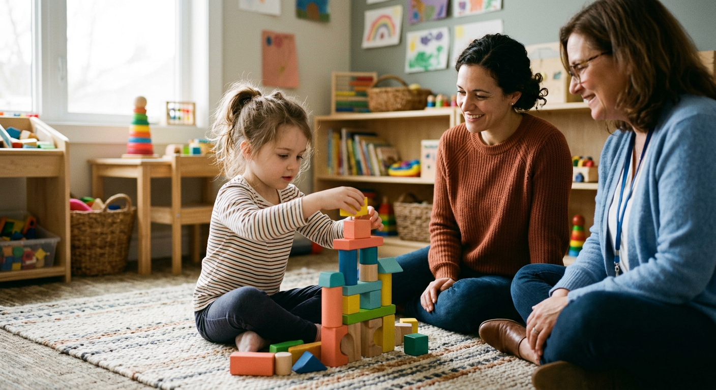 A child building with blocks while a caregiver and therapist watch