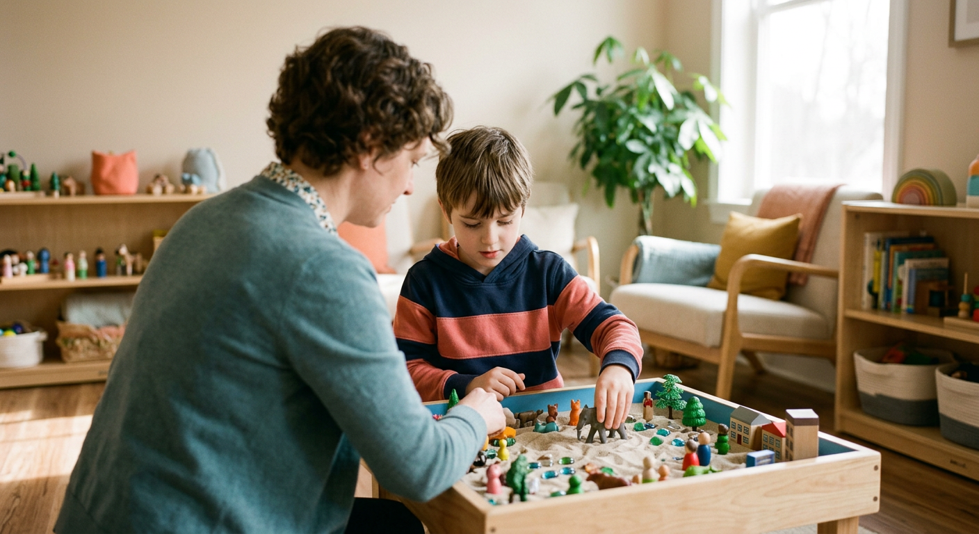 A therapist and child playing together at a sandtray with small figurines