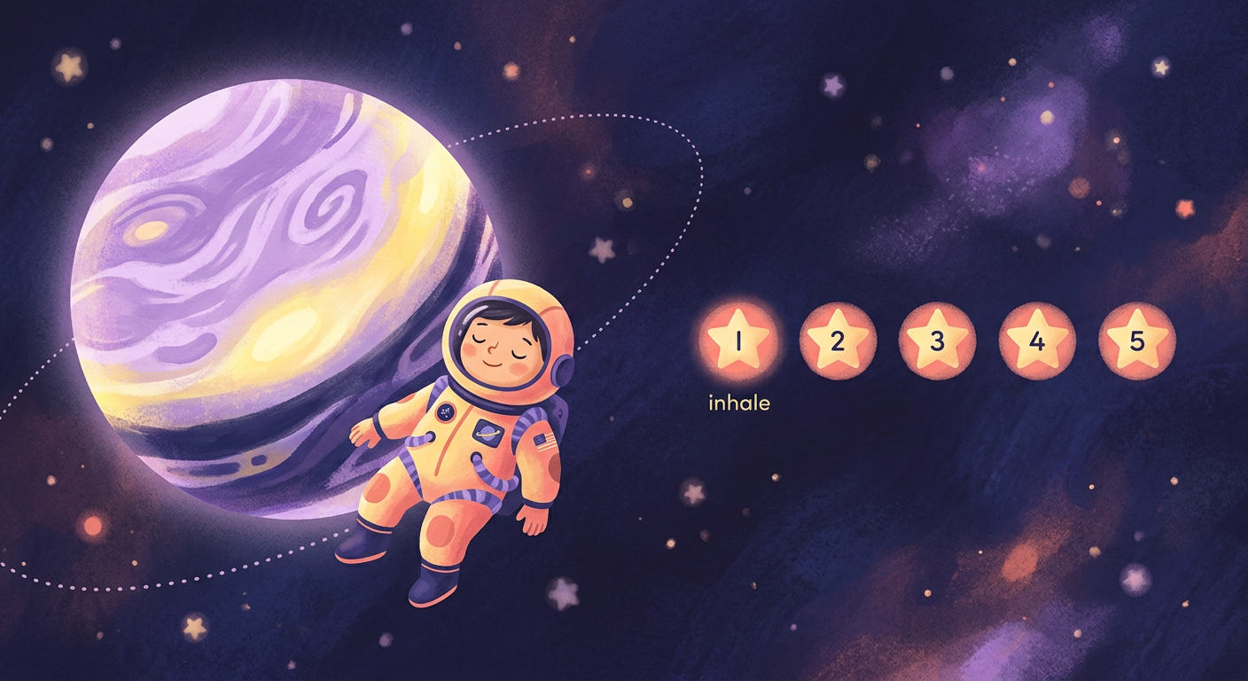 Illustration of a young astronaut floating calmly beside a glowing planet
